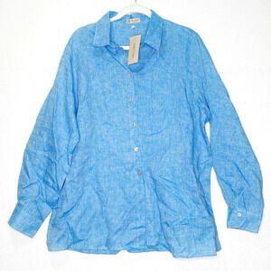 Made in Italy Maldive Blue Linen Button Down Top Size 3X Abalone Shell Buttons
